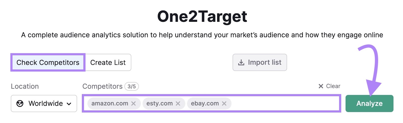 "amazon.com" "etsy.com" "ebay.com" entered into the One2Target tool