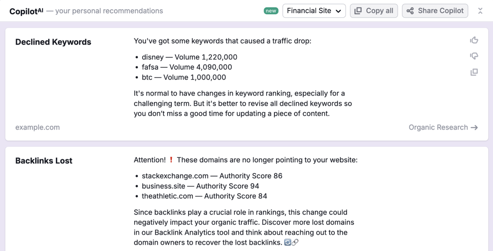 Semrush Copilot shows declined keywords and their volume as well as next steps.