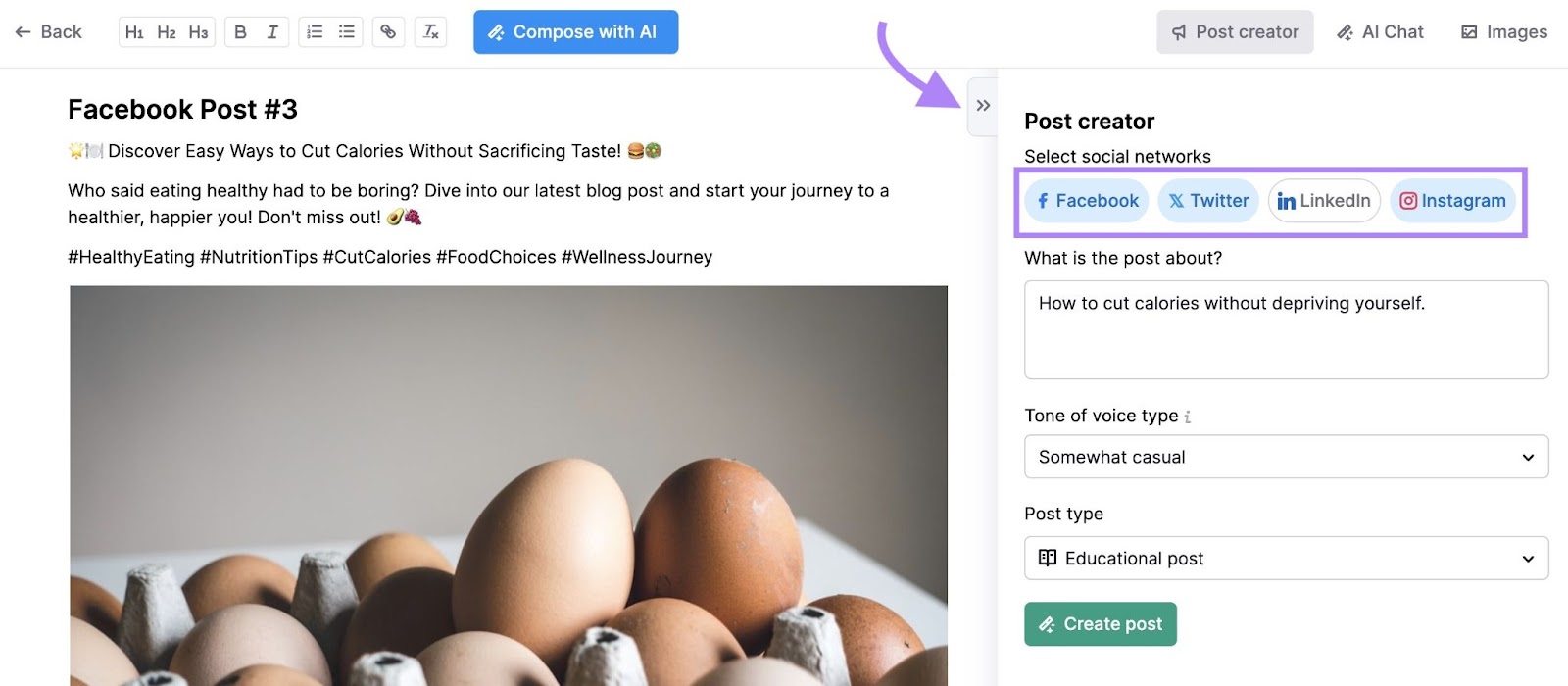 Right-side paper   connected  "ContentShake AI" opened and the "social networks" conception  highlighted.