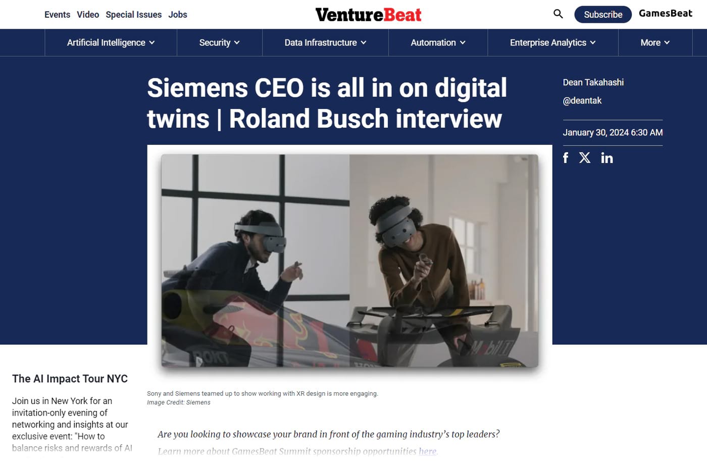 Venture Beat's article titled: "Siemens CEO is all in on digital twins | Roland Busch interview"