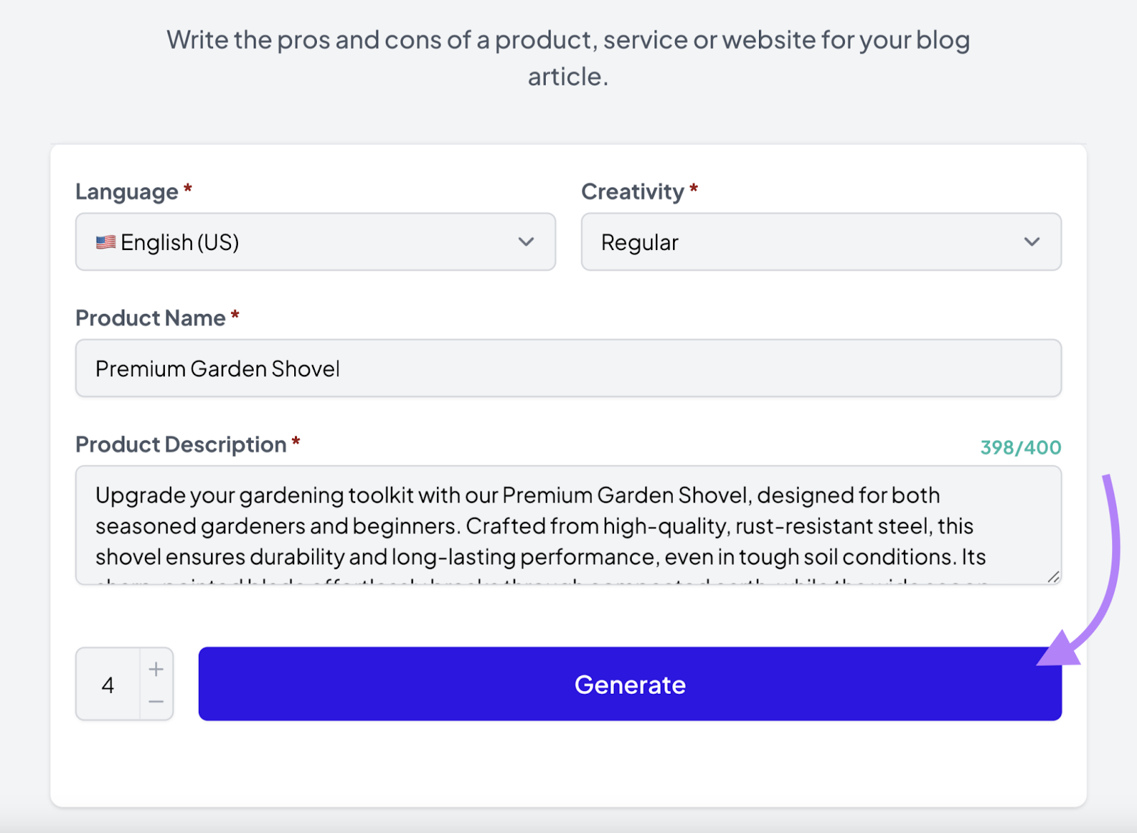 pros and cons tool shows product name and description entered