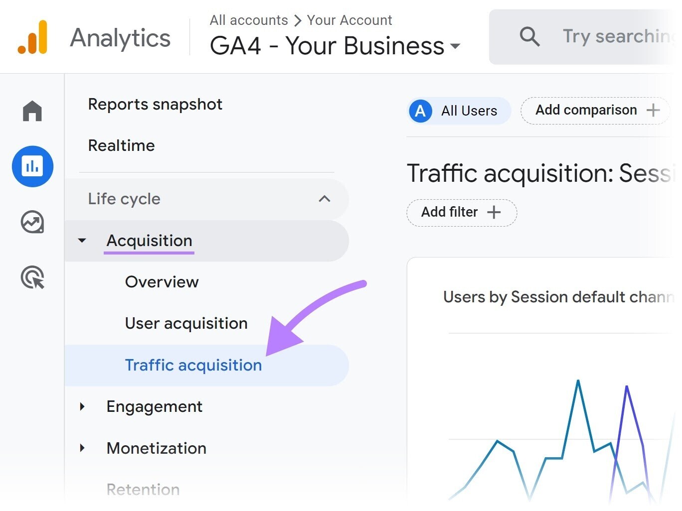 Navigating to “Traffic acquisition” in GA4