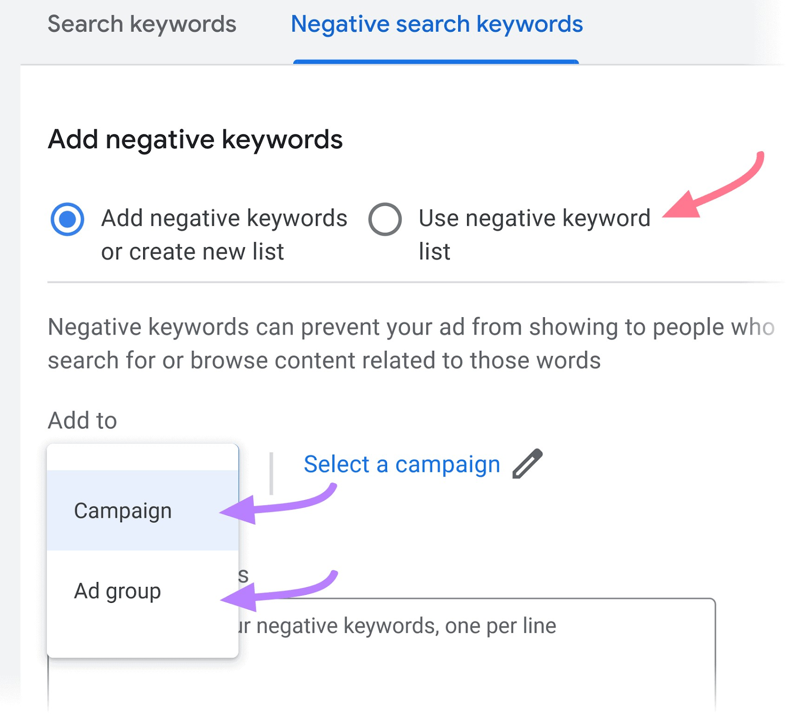 Negative search keywords tab