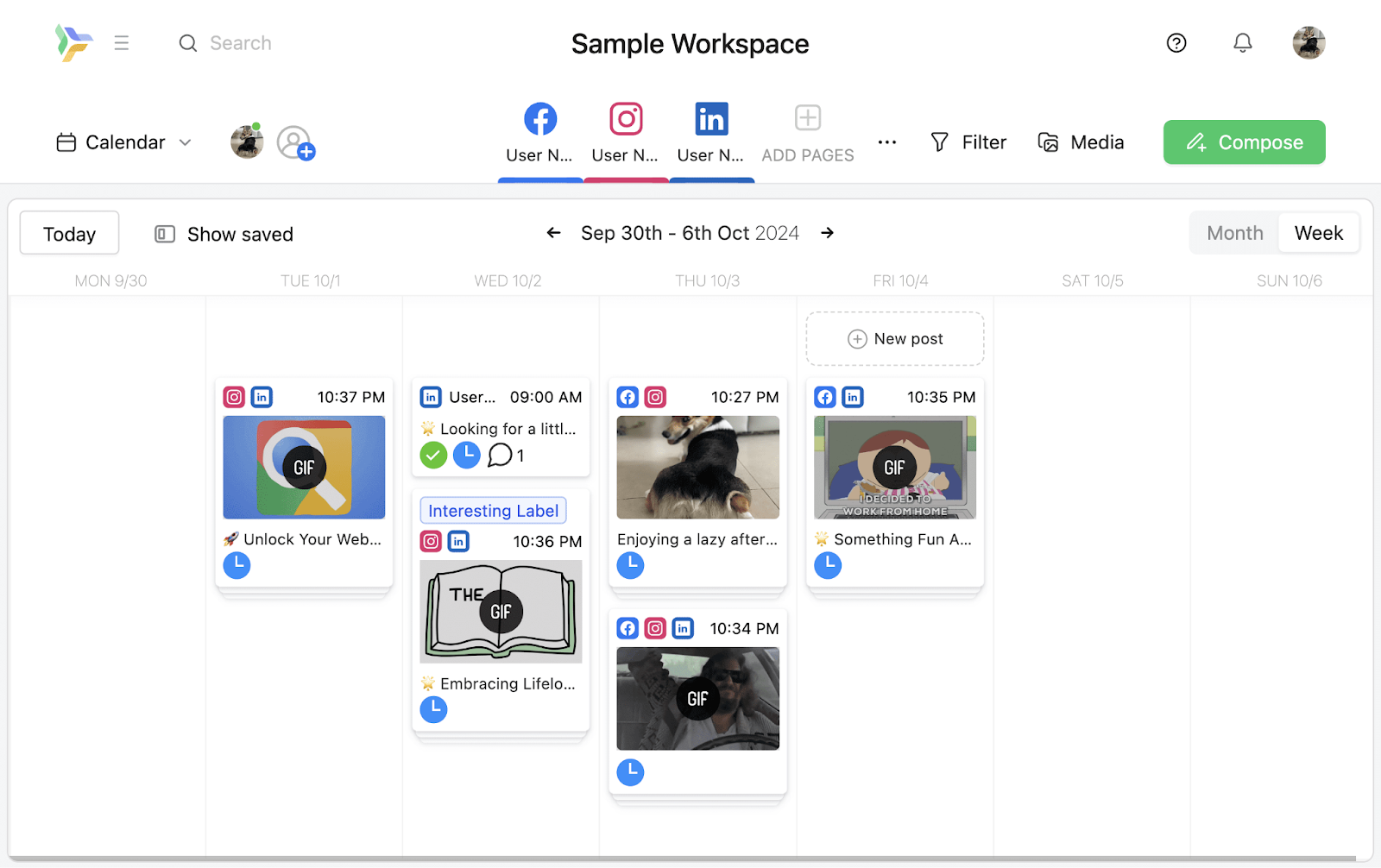 Planable's weekly scheduled posts calendar