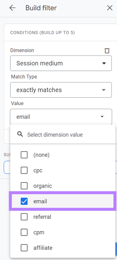 “email” option selected from the “Value” drop-down menu