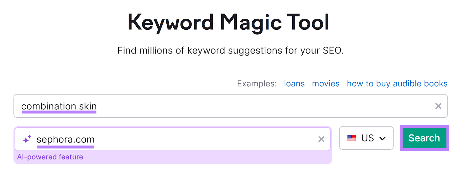 Keyword Magic Tool start with 'combination skin' as keyword, domain as 'sephora.com', and Search button highlighted