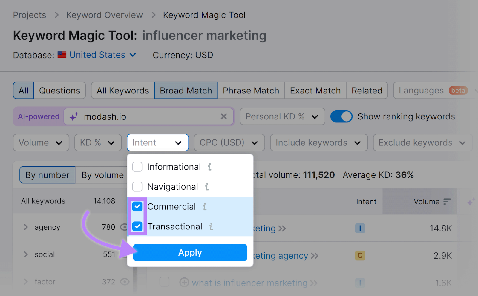 Intent filter expanded, Commercial and Transactional checked, and arrow pointing to Apply button