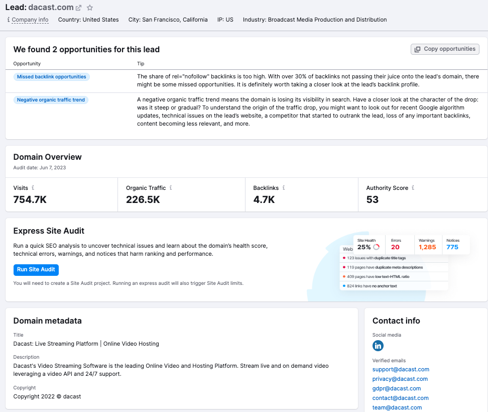 Lead Finder, showing the opportunity details for a domain. The tool goes into detail about each opportunity type. The screen also includes details from Domain Overview, metadata, contact info, and a link to an express Site Audit.