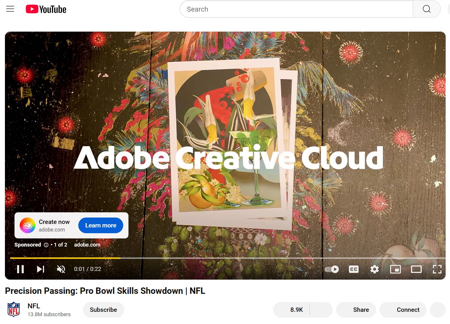 Video ad by Adobe on YouTube with the name of the brand and the product appearing from the first second of the ad.