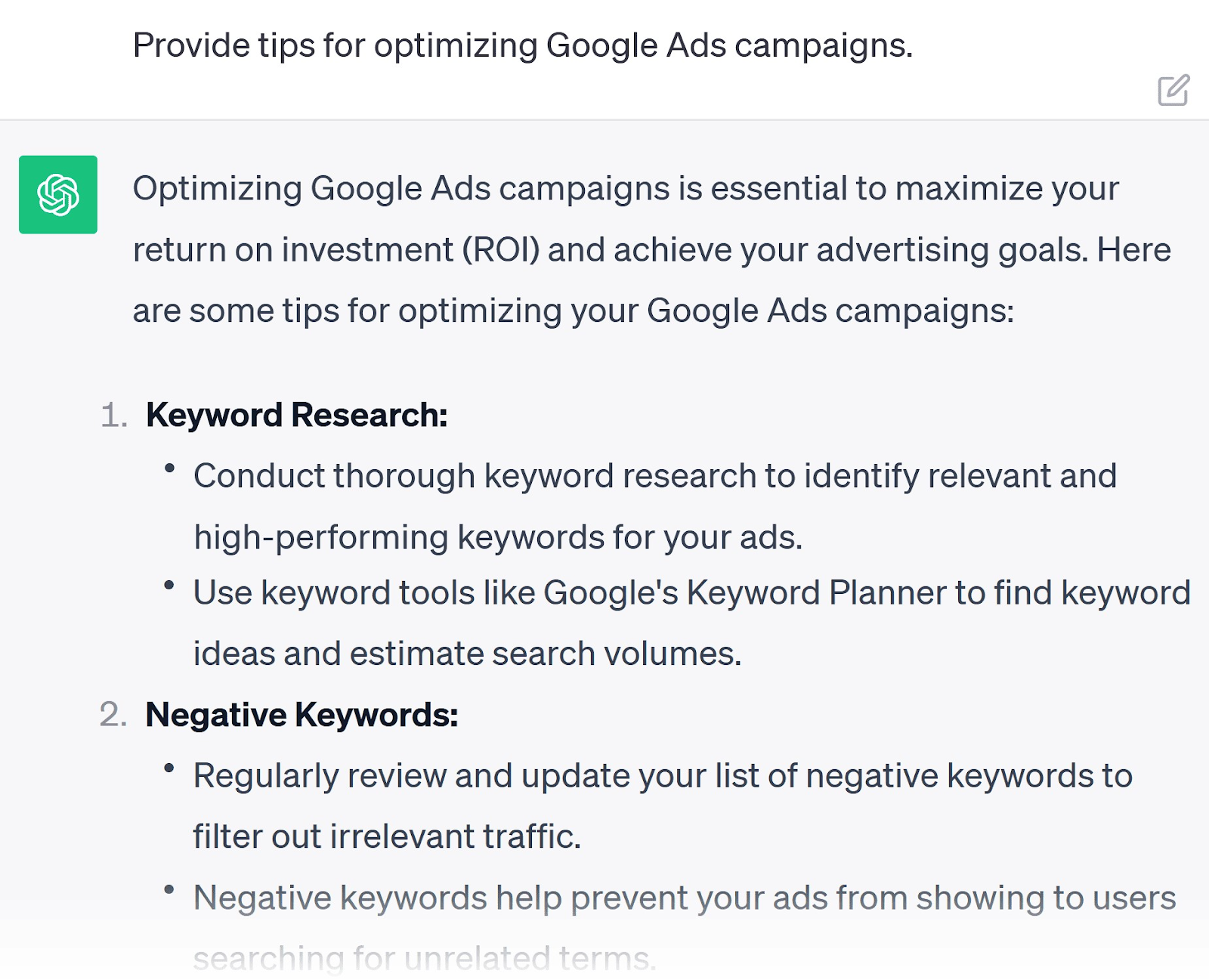 A prompt asking ChatGPT to provide tips for optimizing Google Ads campaigns