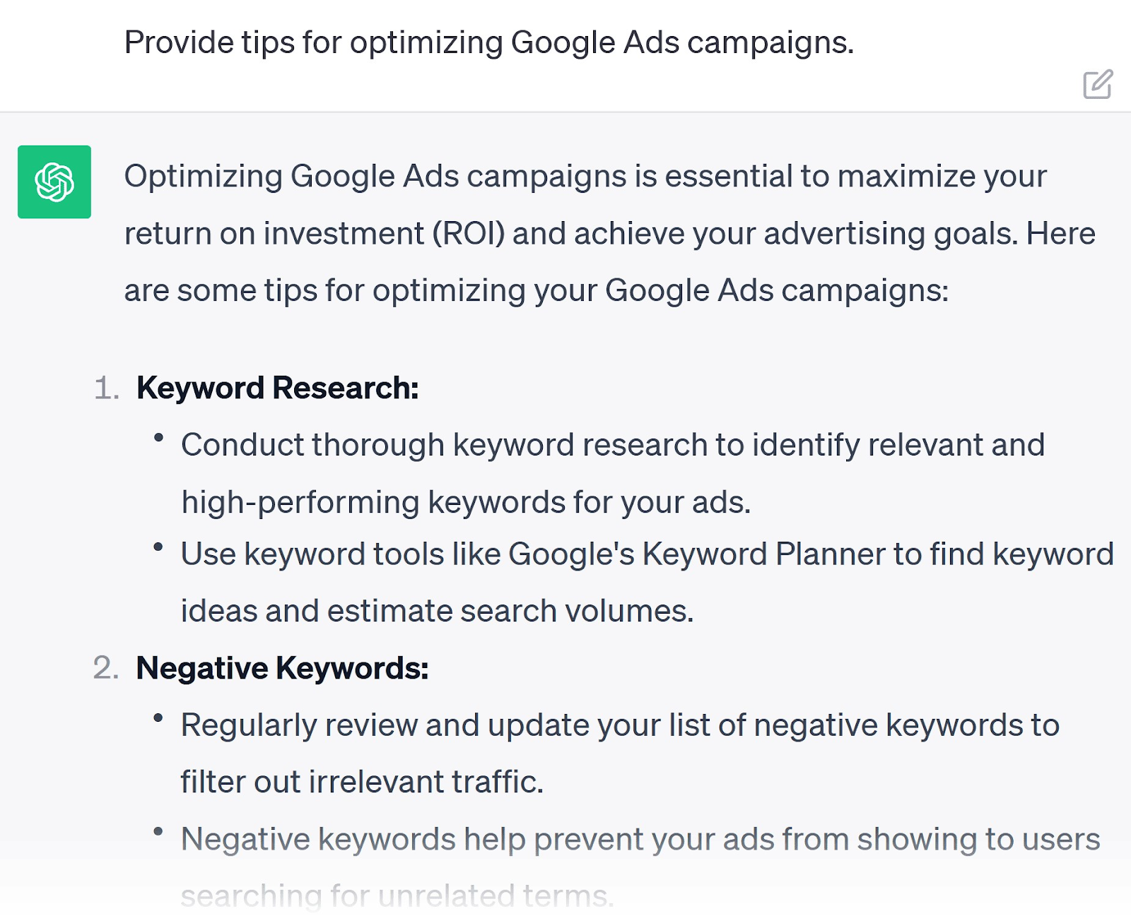 Eine Aufforderung an ChatGPT, Tipps zur Optimierung von Google Ads-Kampagnen zu geben