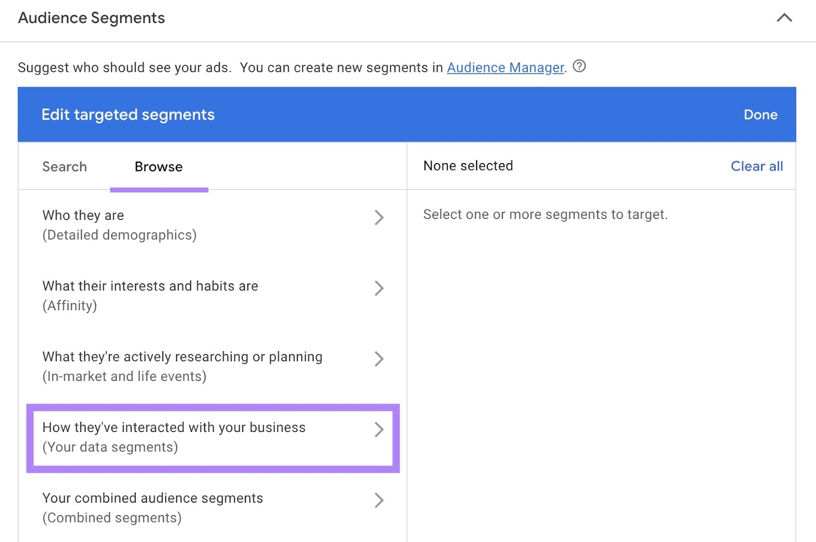 'Browse' tab of the Audience segments page with 'How they have interacted with your business' selected.