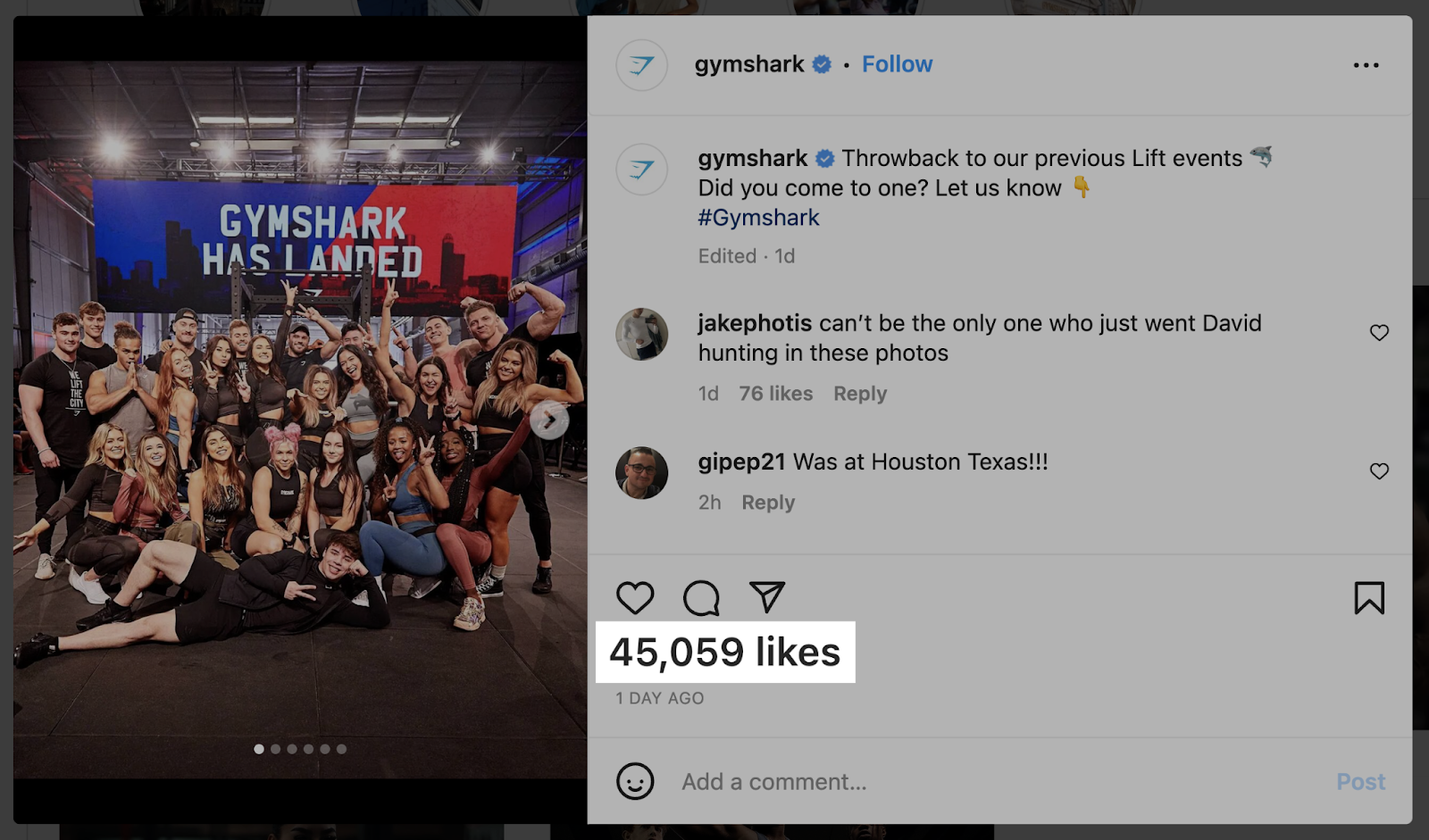 post likes highlighted for gymshark