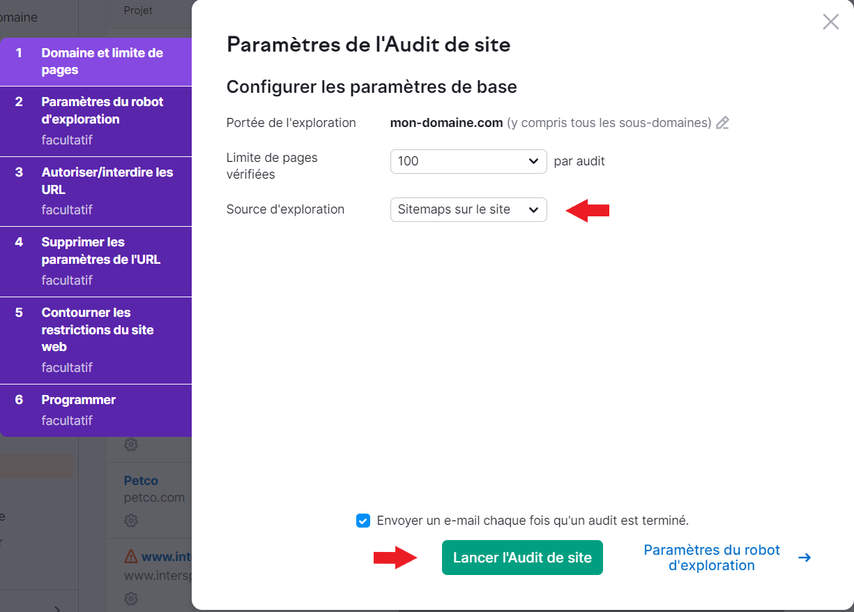 Paramètre de l'Audit de site avec la source d'exploration sur Sitemaps sur le site