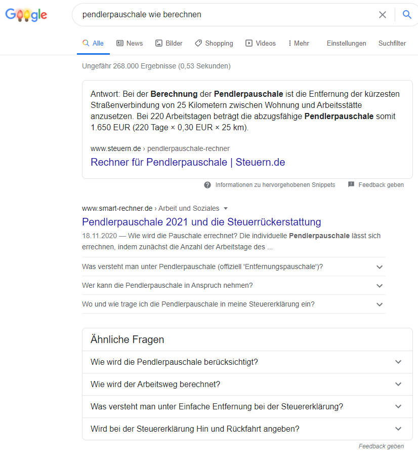 Suchergebnis mit hervorgehobenem Snippet, FAQ und ähnlichen Fragen