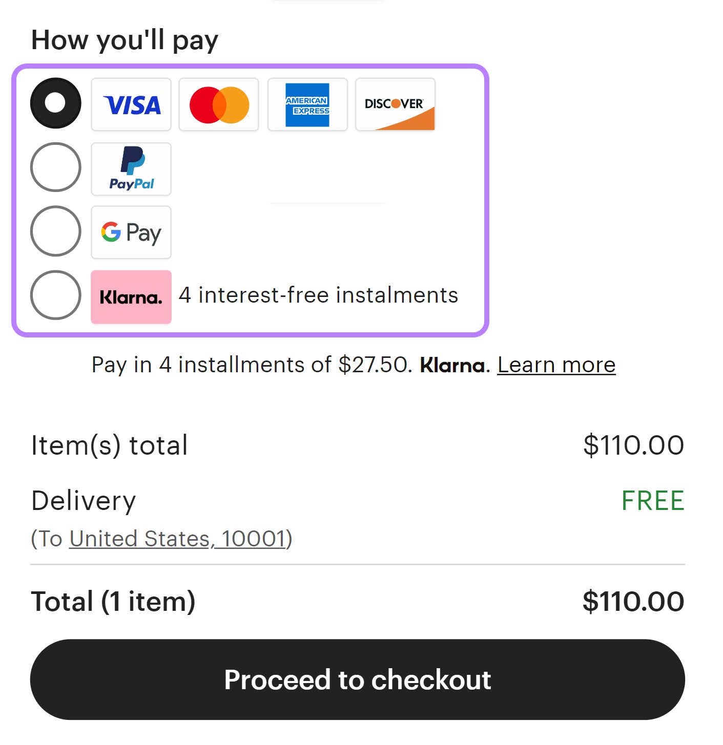 Multiple payment options offered at checkout