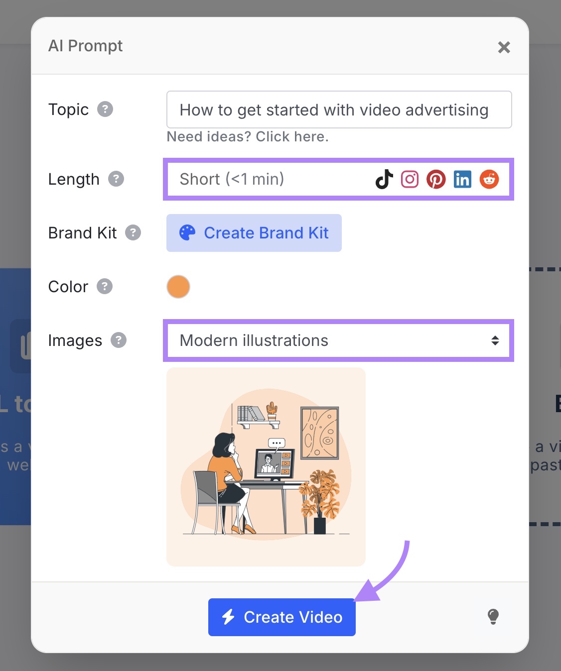 Video settings on the AI Video Marketing Automator app with options to customize the video's length, color scheme, visual style, etc.