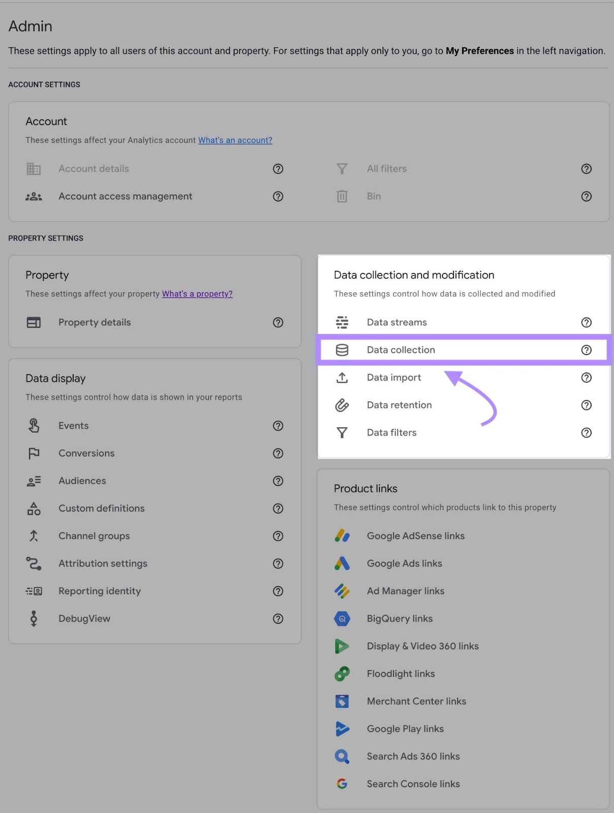 Data Collection” selected under Data collection and modification menu in the Admin panel