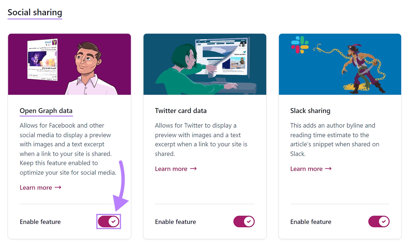 “Open Graph data” widget enabled under "Social Sharing" site feature section of Yoast SEO