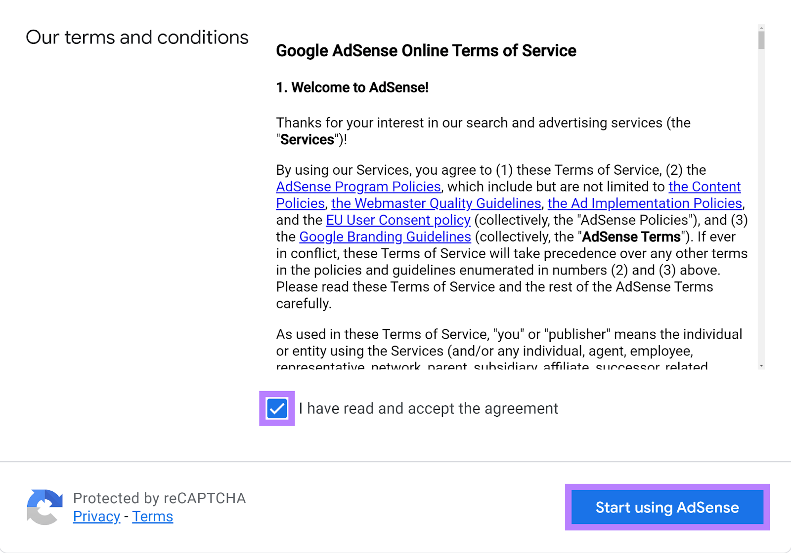 Agree to terms checkbox ticked and Start using AdSense button highlighted