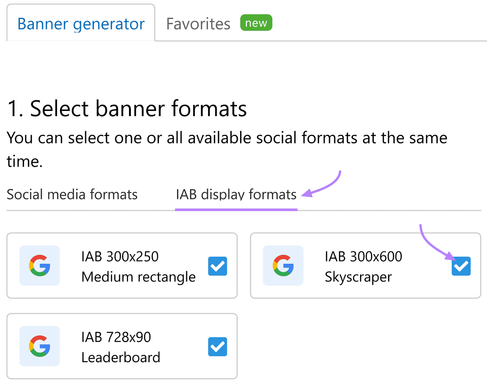 Interface for selecting banner formats in Semrush's Instant Banner Generator, showing options for IAB display formats.