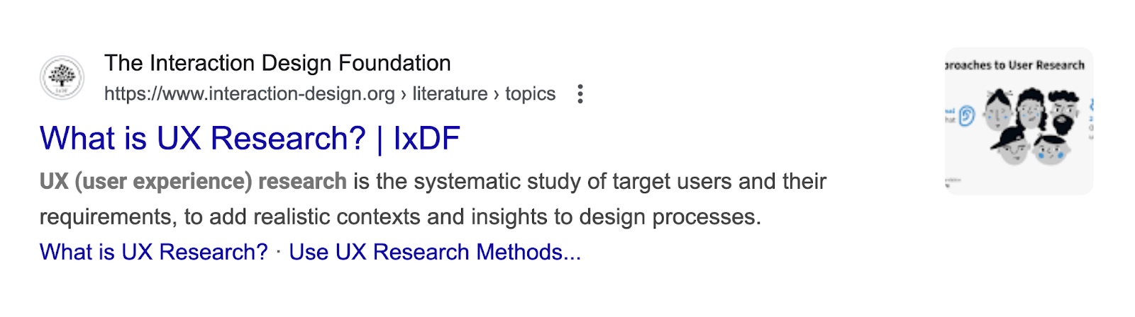 Title tag for blog position says, "what is UX research? | IxDF."