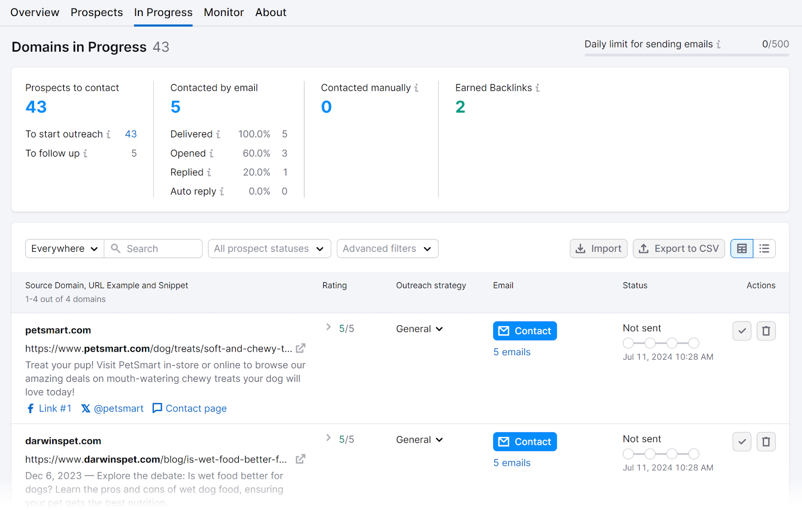 In Progress tab showing Domains in Progress report