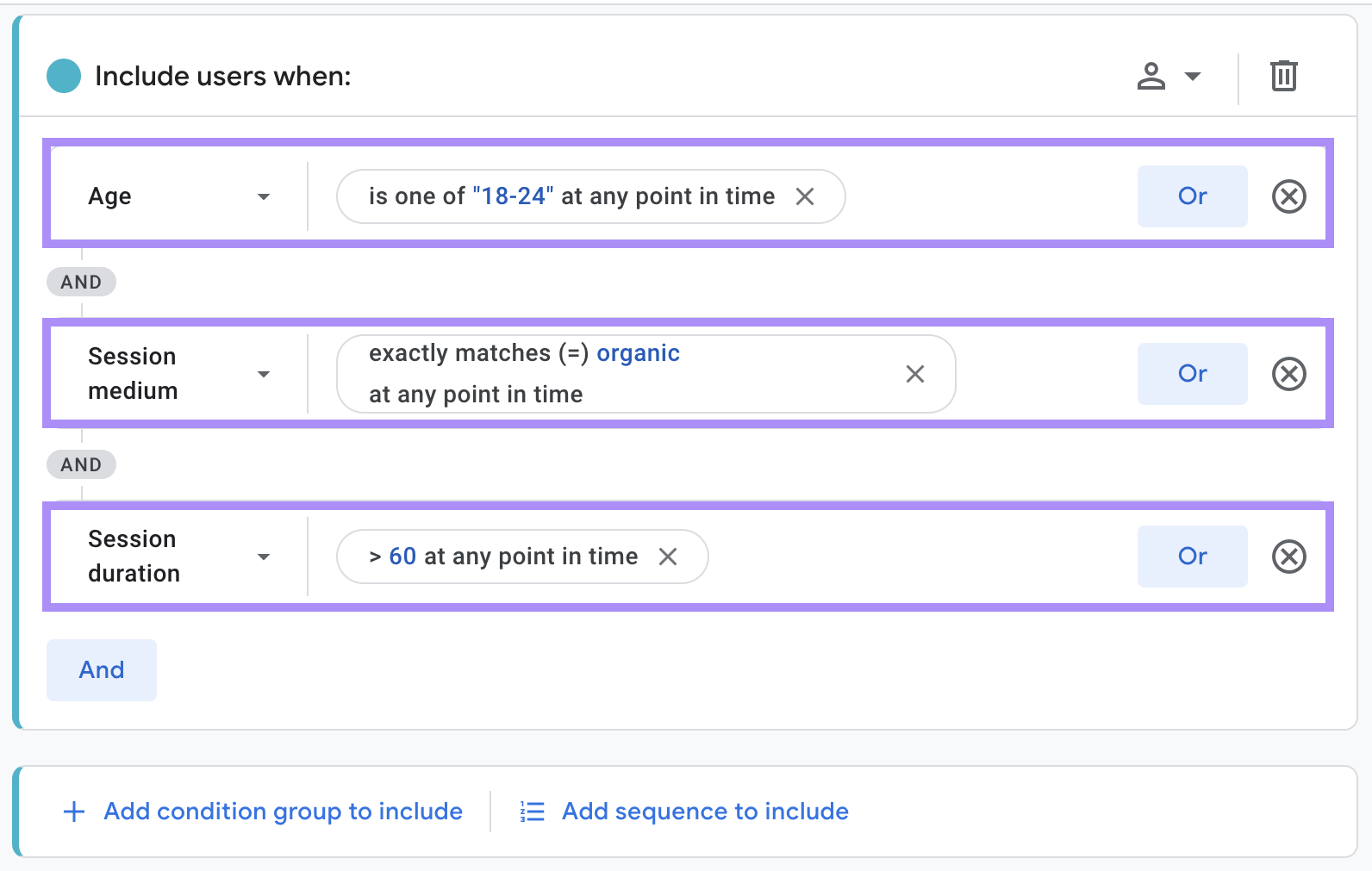 "Age," "Session medium," and "Session duration" conditions set for custom audience