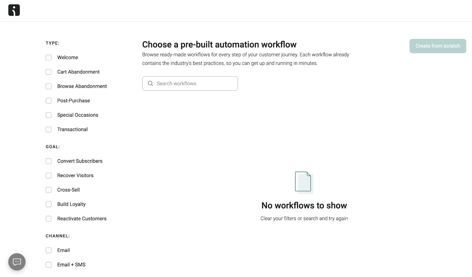 "Automation workflow" dashboard on "Omnisend" with options to choose a pre-built workflow by type, goal and channel.