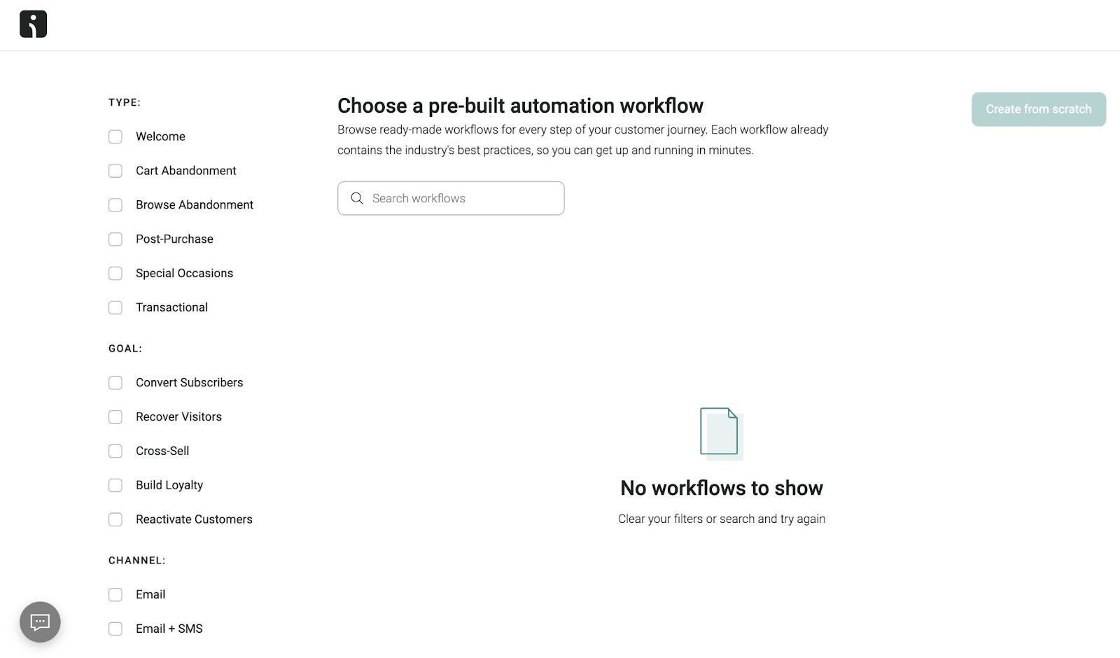 "Automation workflow" dashboard connected  "Omnisend" with options to take  a pre-built workflow by type, extremity   and channel.