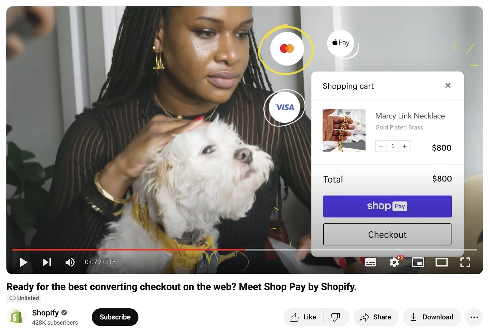 Shopify using a video ad on Youtube to explain the benefits on their product, Shopify Pay.