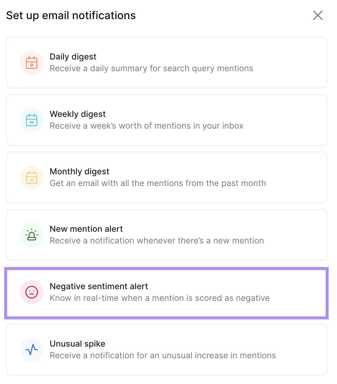 “Negative sentiment alert" selected from the email notifications menu