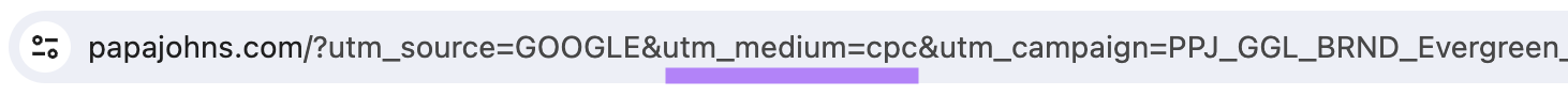 L'URL de Papa Johns avec "utm_medium=cpc" section mise en évidence