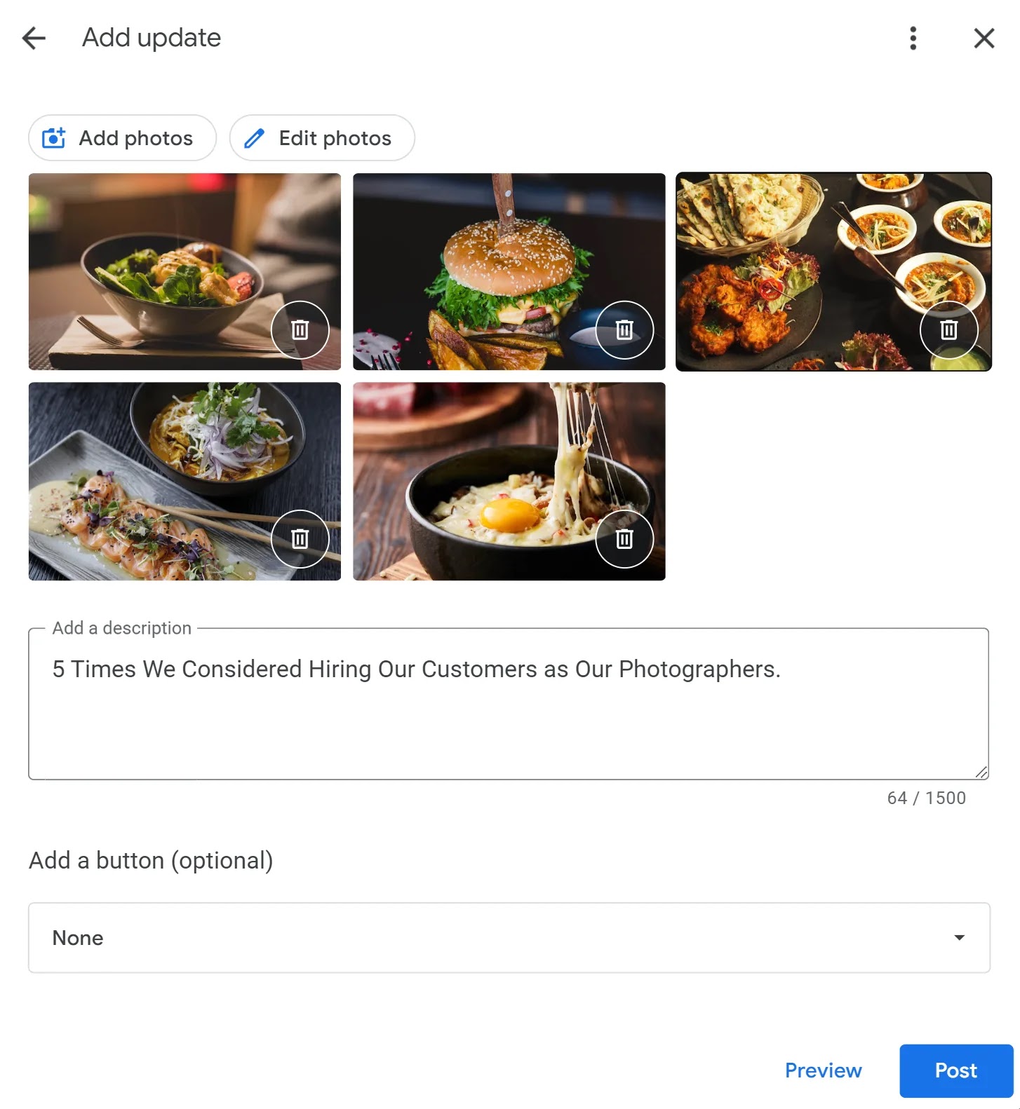 Creating a GBP update with UGC and a description that reads “5 Times We Considered Hiring Our Customers as Our Photographers"