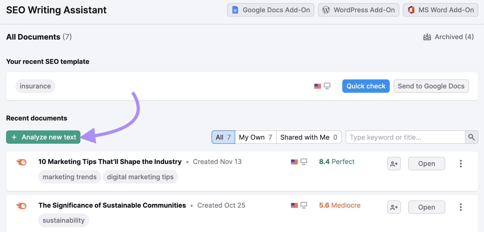 "+ Analyze new text" button highlighted in SEO Writing Assistant
