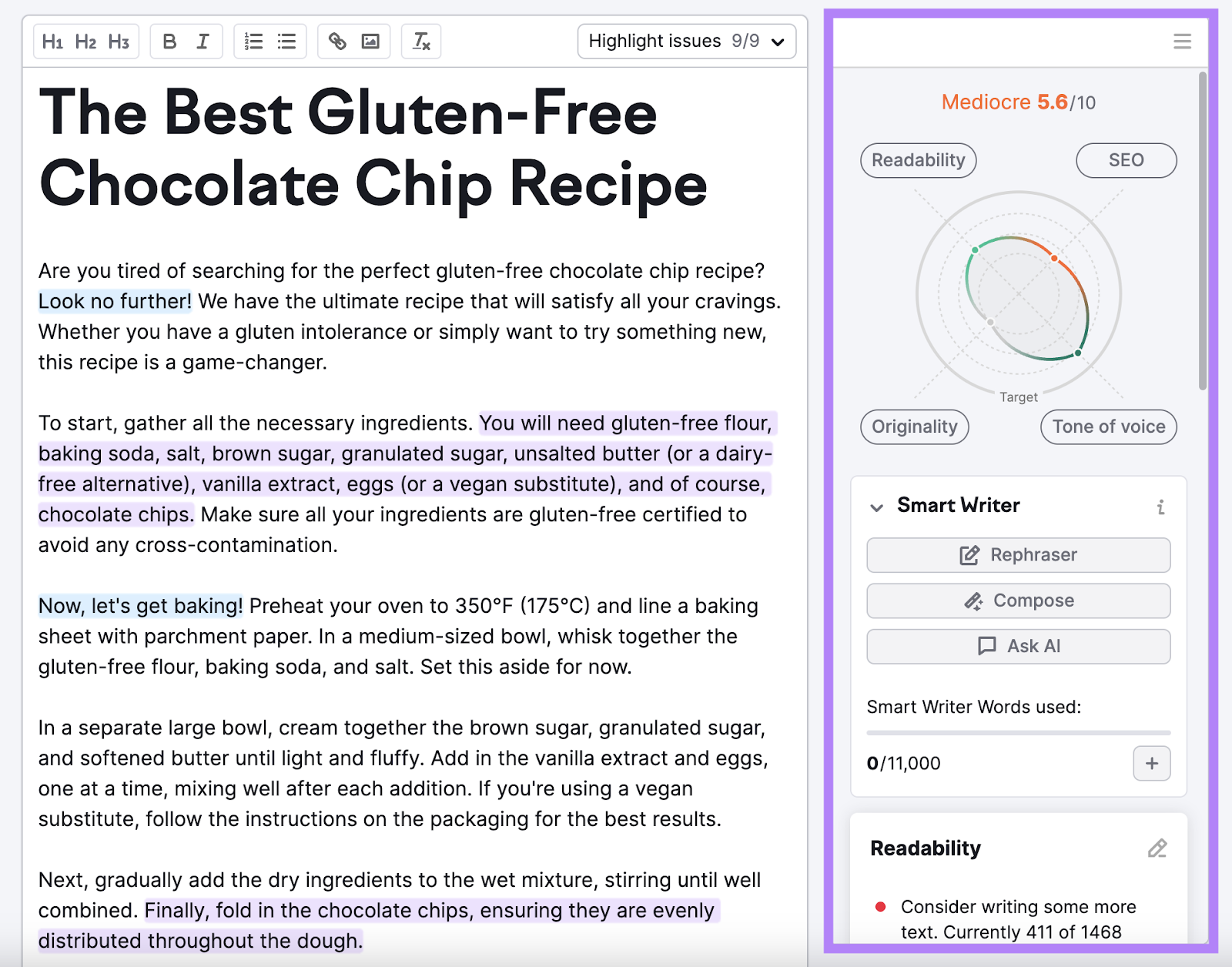 An article titled "The Best Gluten-Free Chocolate Chip Recipes" and the content's score shown in SEO Writing Assistant editor