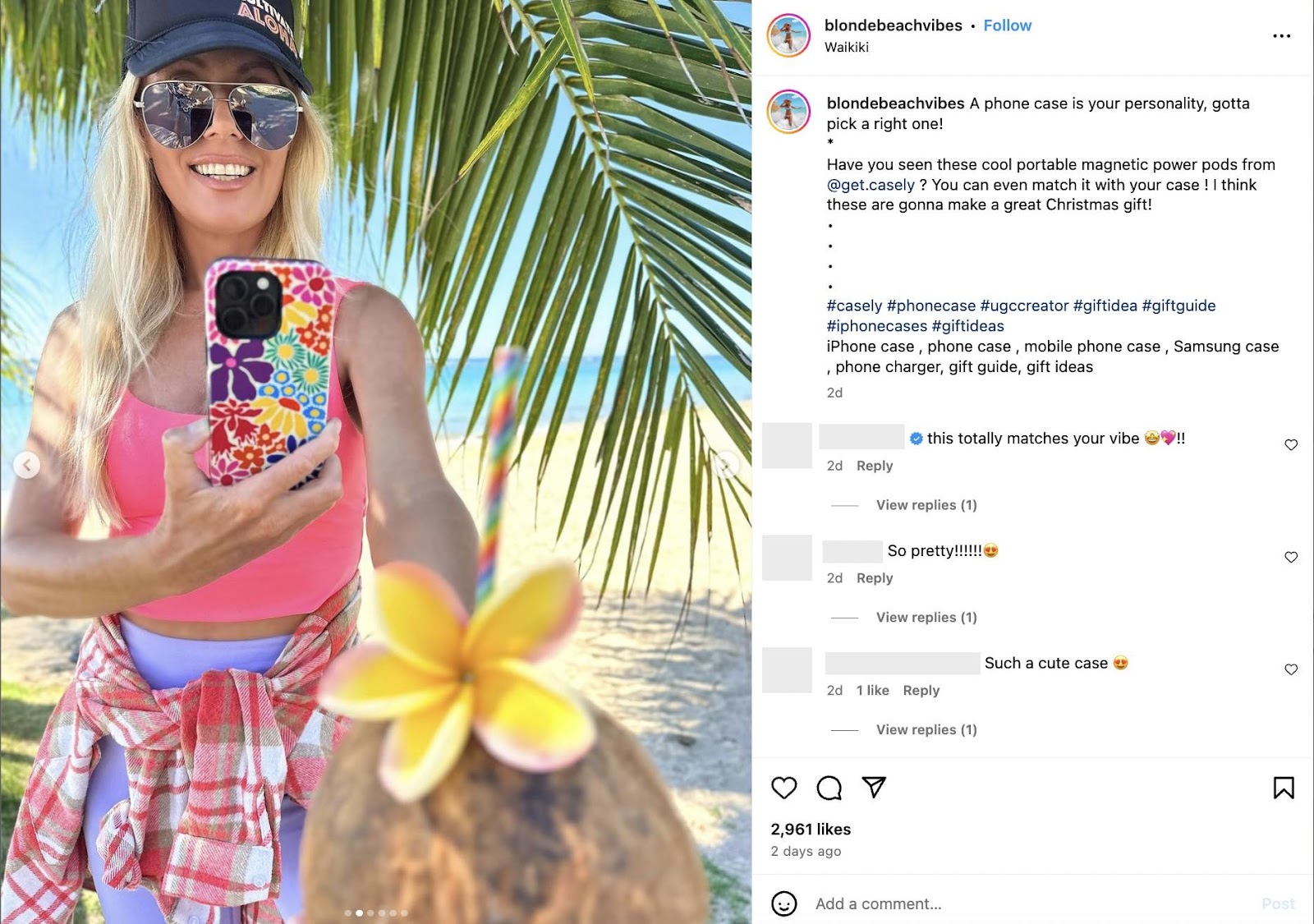 An Instagram post from @blondebeachvibes promoting phone cases from @get.casely