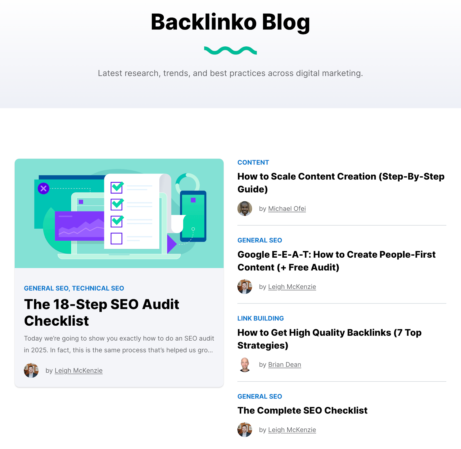 The Backlinko seo blog homepage includes an SEO audit checklist and contented astir scaling contented creation, E-E-A-T, and backlinks.