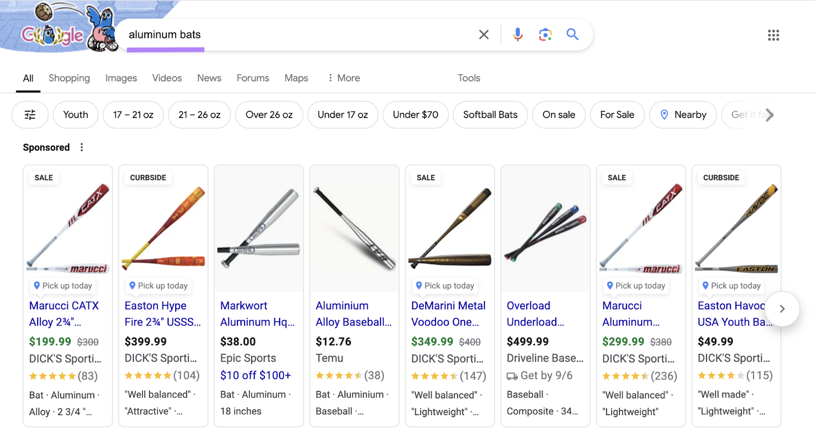 example of NLP in Google SERP for query "aluminum bats" which shows product ads for baseball bats