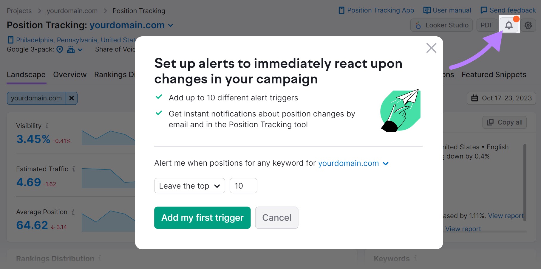 "Set up alerts to immediately react upon changes in your campaign" pop-up window in Position Tracking tool