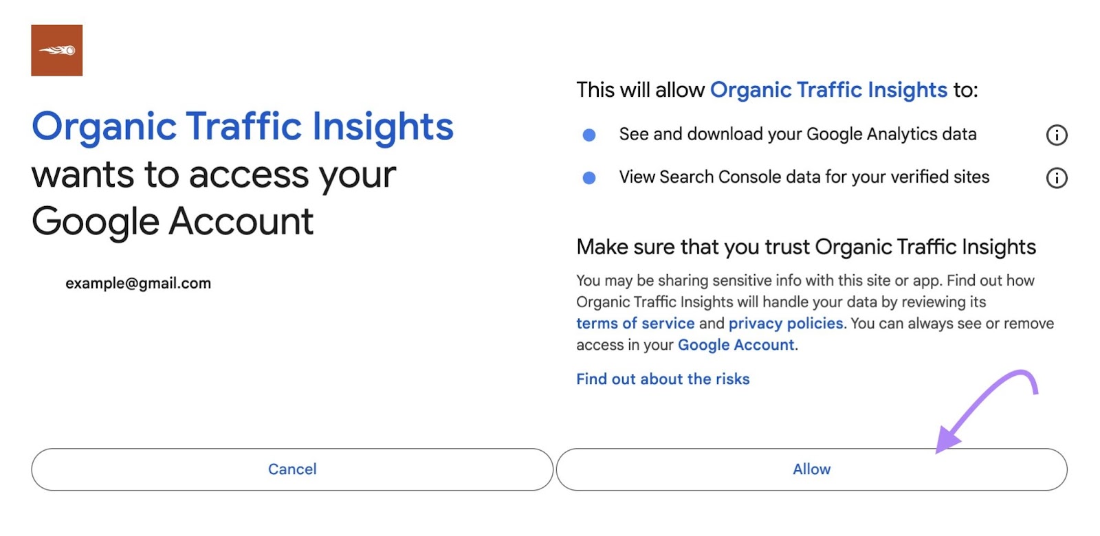 Organic traffic insights data permission screen requesting access to view your GA and GSC data with the 'Allow' button clicked.