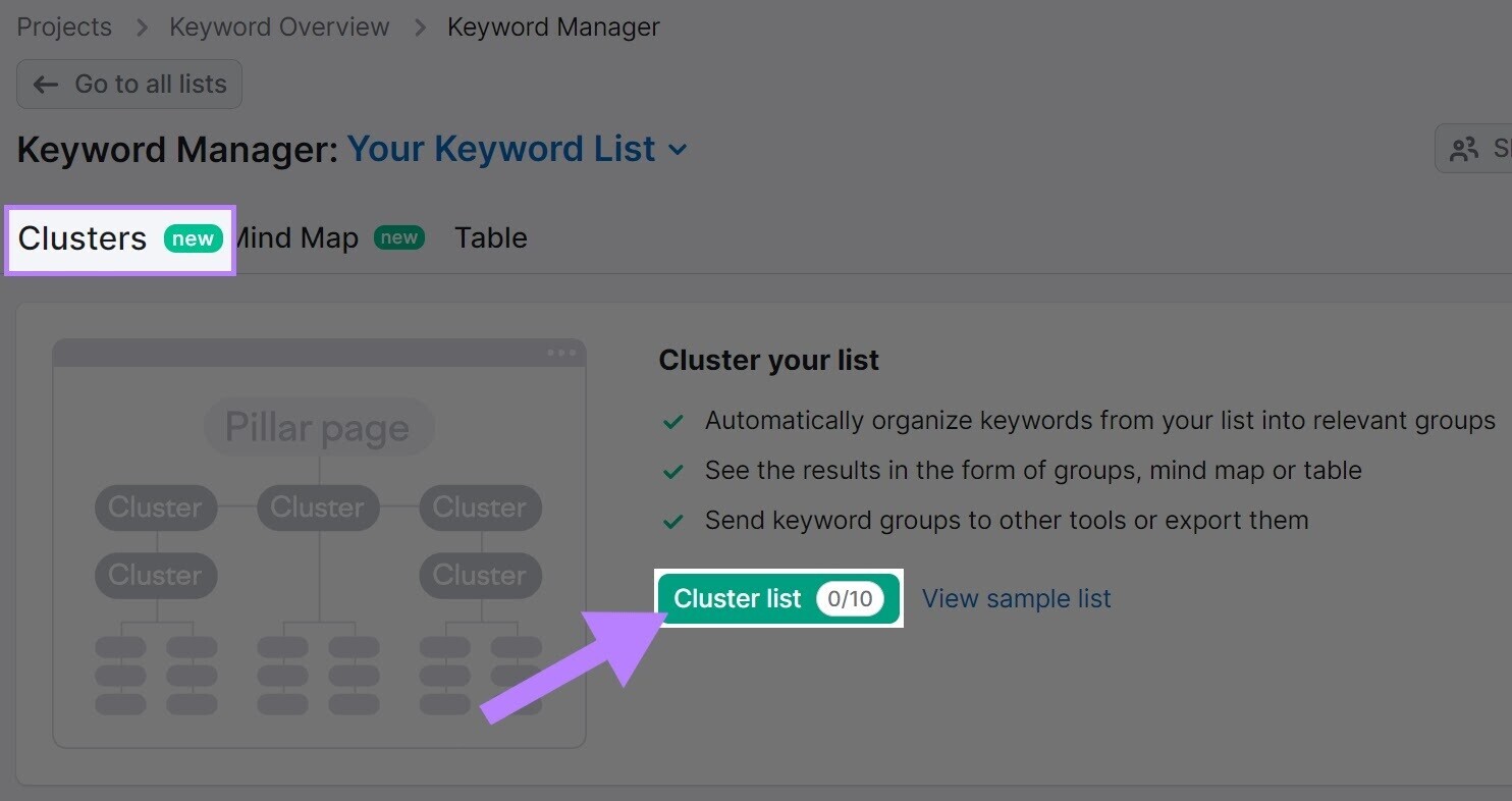 “Clusters” and “Cluster list” buttons highlighted