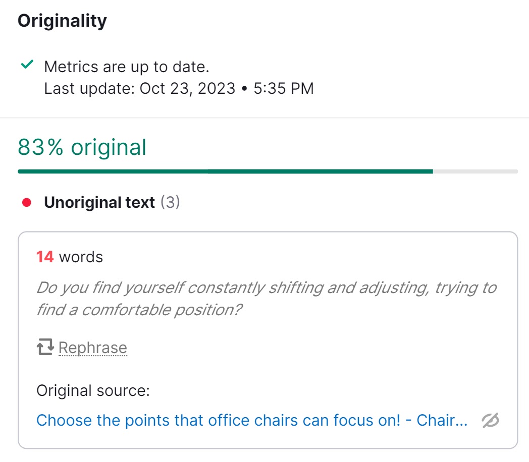 "Originality" section in SEO Writing Assistant tool