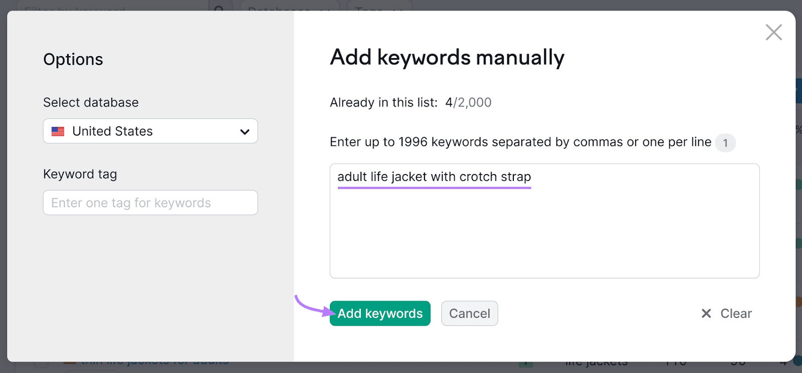 Tool screen with options to add keywords manually, and an input field with a keyword highlighted.