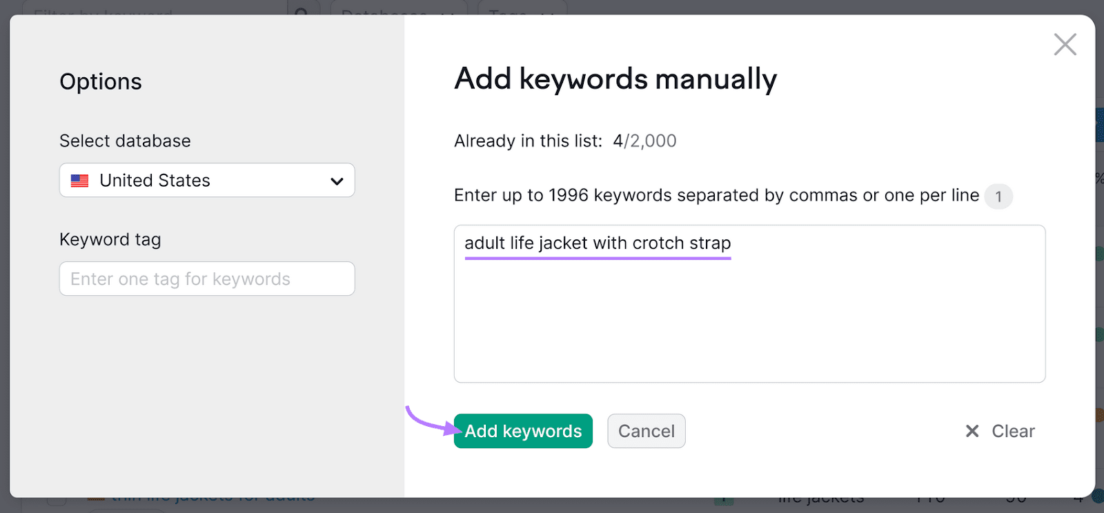 Tool surface  with options to adhd  keywords manually, and an input tract  with a keyword highlighted.