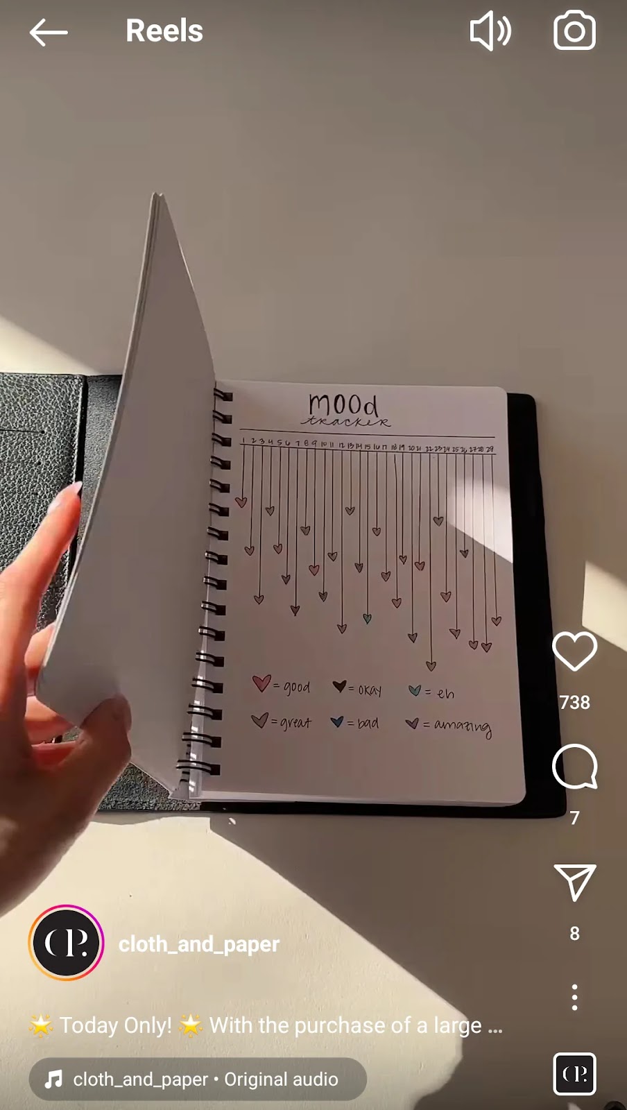 Cloth and Paper Instagram reel featuring a one-day promotion