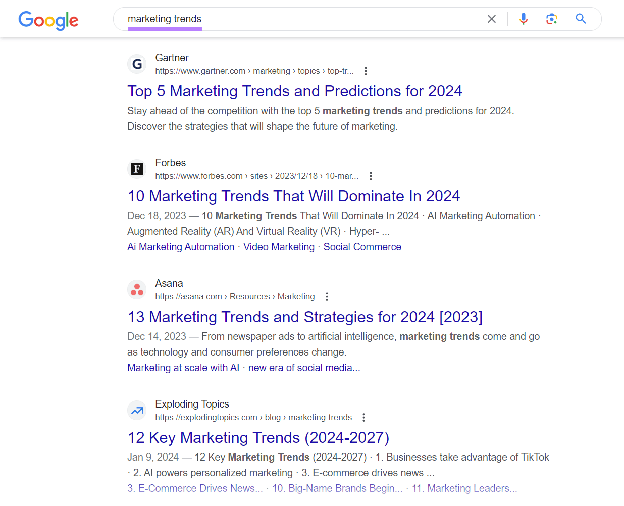 Top of Google SERP for "marketing trends" query showing the twelvemonth  "2024" successful  their titles