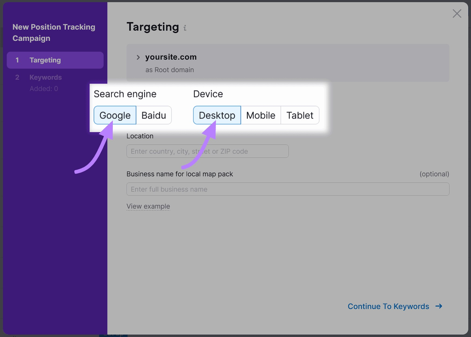 "Google" and "Desktop" options selected from the "Targeting" window in Position Tracking