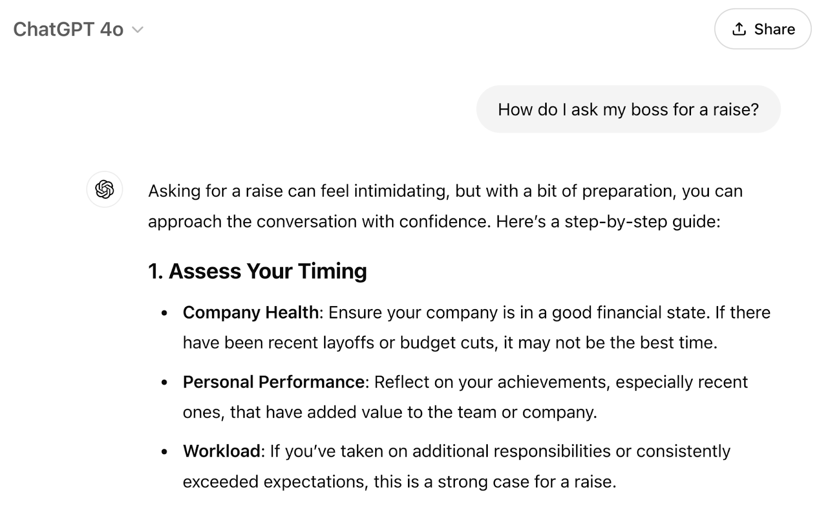 The prompt is "how do I ask my boss for a raise?" and ChatGPT's response is a step by step guide.