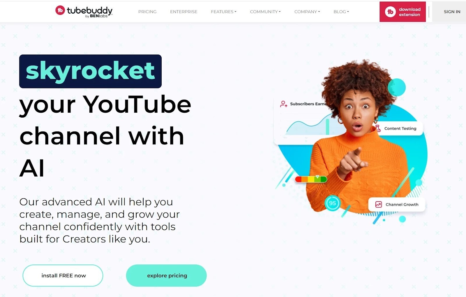 TubeBuddy home page with title "skyrocket your YouTube channel with AI"